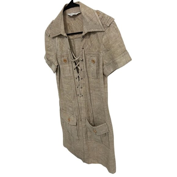 Trina Turk Beige Linen Blend Short Sleeve Lace-Up Front Utility Dress Sz 2 - Picture 3 of 10